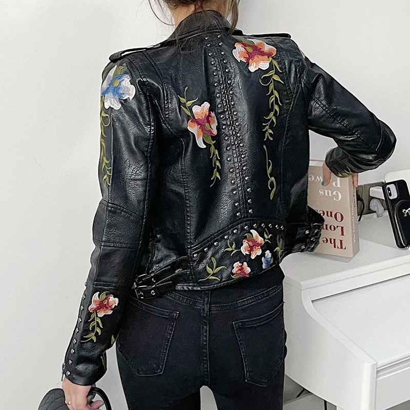 LY VAREY LIN-Chaqueta de motocicleta para mujer, abrigo de cuero bordado, con cremallera, Pu, Punk, primavera y otoño