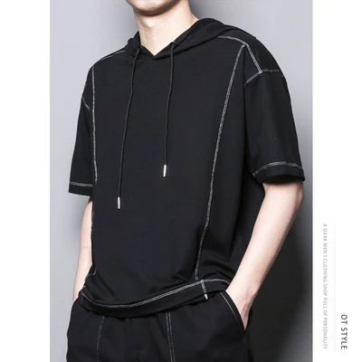 Summer Day Department dark personality loose Stripe Car Line sports leisure hooded short-sleeved t-shirt male trend