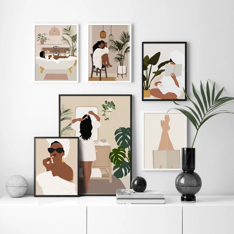 Boho Minimalist Abstract Girl Makeup Reading Wall Art Print Canvas Painting Nordic Poster Wall Pictures For Living Room Decor