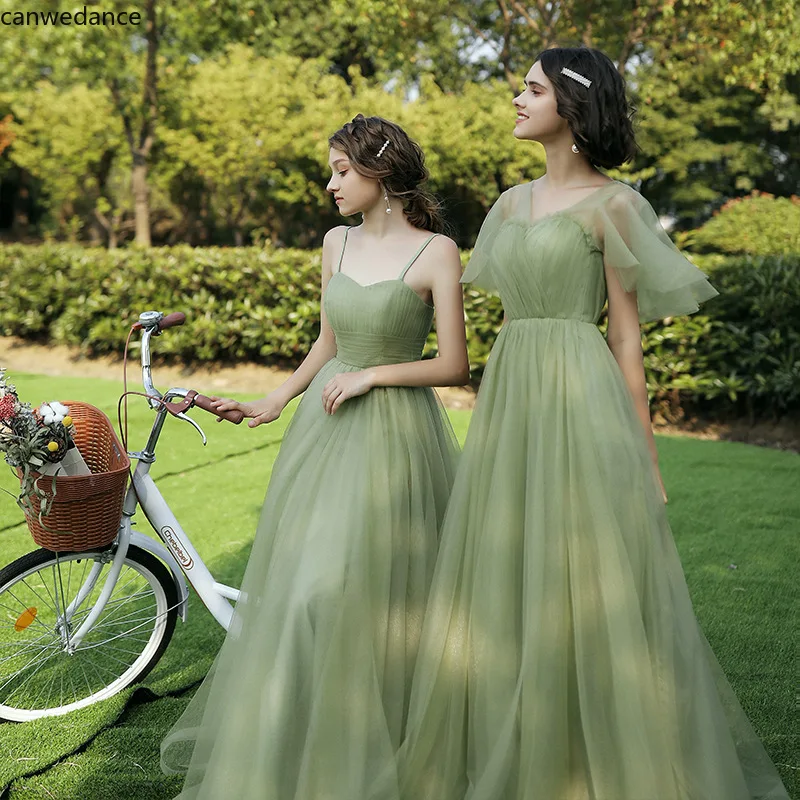 Custom Made Green Khaki Bridesmaid Dresses Halter Lace Up Wedding Party Graduation Dress Long Tulle Robes Women Prom Vestidos