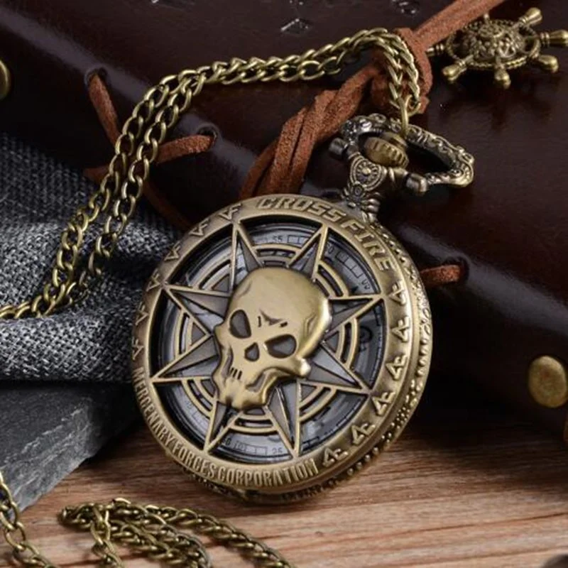 Montre de poche à Quartz Steampunk en Bronze Vintage, Pirates creux des caraïbes, crâne d'horreur, ceinture, pendentif, collier pour hommes