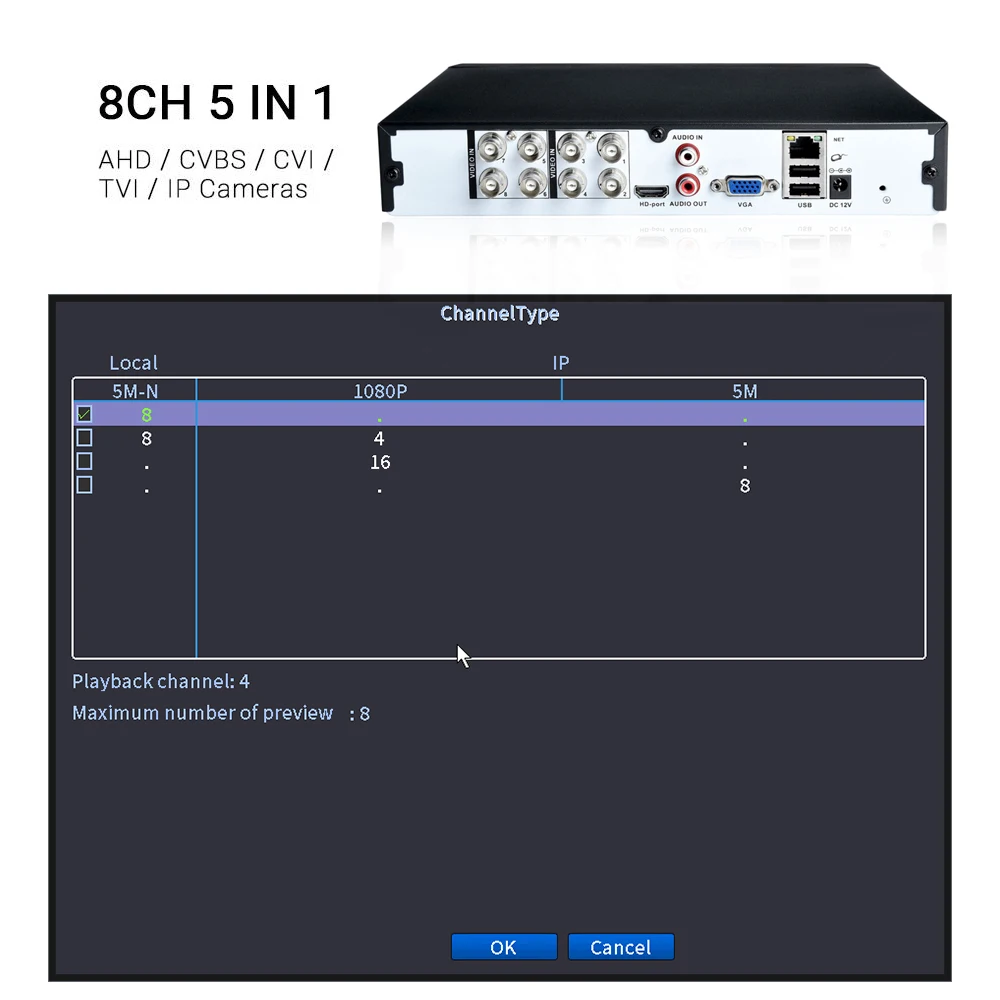 Imagem -05 - Hamrolte 5m-n Ahd Dvr 4ch 8ch em Híbrido Gravador de Segurança para 5mp 4mp 1080p Ahd Tvi Cvi Câmera Analógica Detecção de Movimento Xmeye