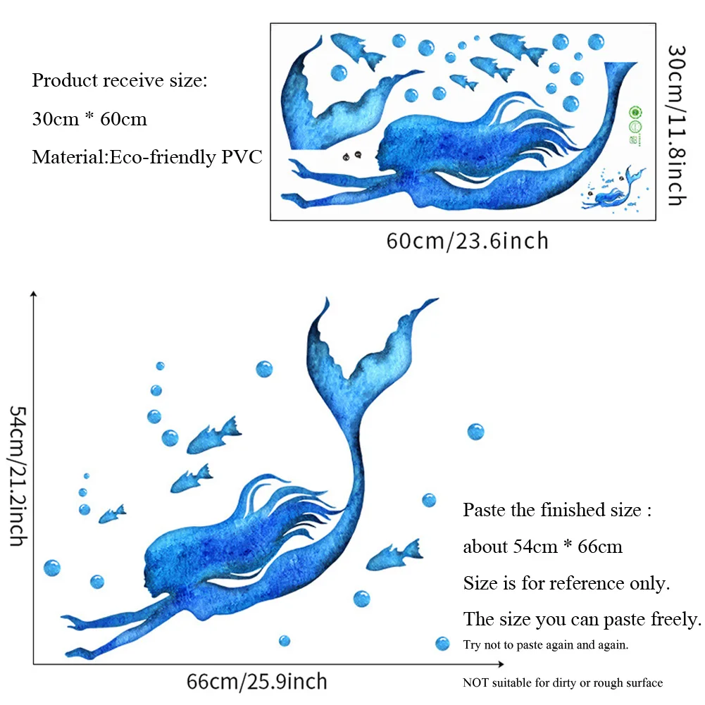 Blue Swimming Mermaid Wall Stickers Bathroom Glass Bedroom Glass Window Home Decoration Self-adhesive Sticker Beautify Wallpaper - Image 2