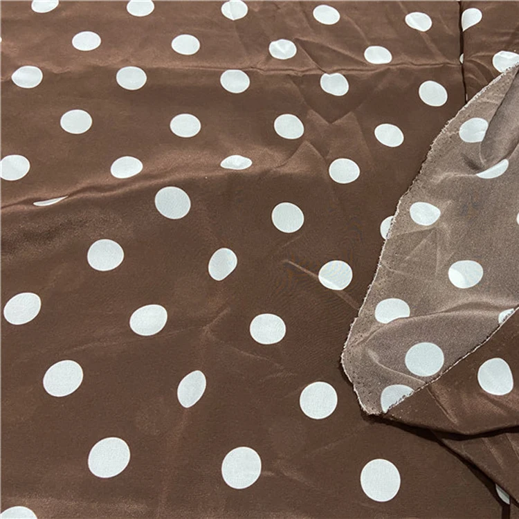 White polka dot on brown pure silk crepe de chine silk fabric 16momme thickness,SCDC1313