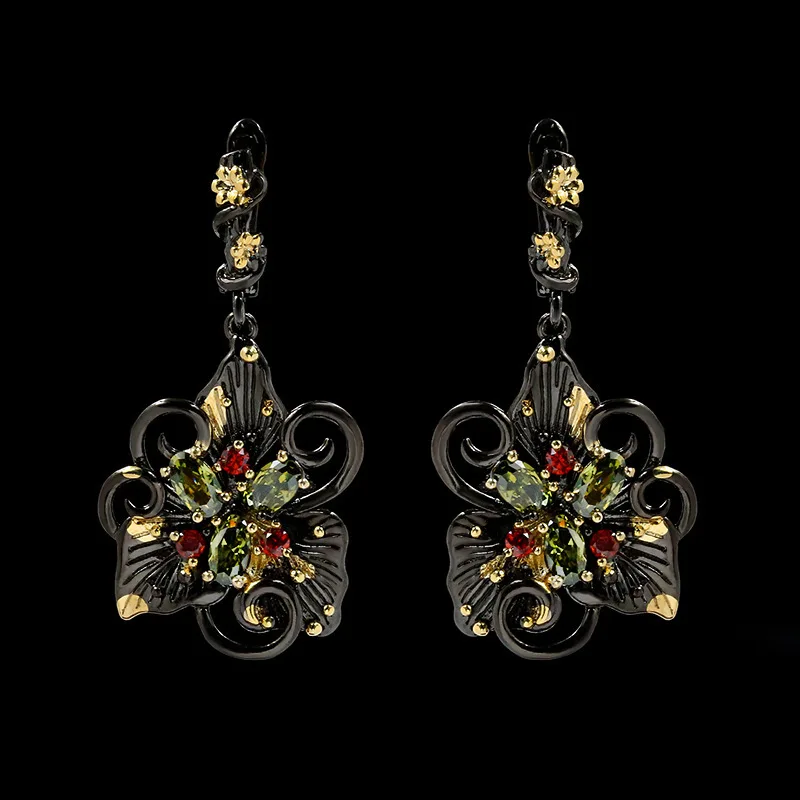 Elegant and fashionable orchid black gold two-tone green zircon earrings for women wedding party engagement jewelry gift