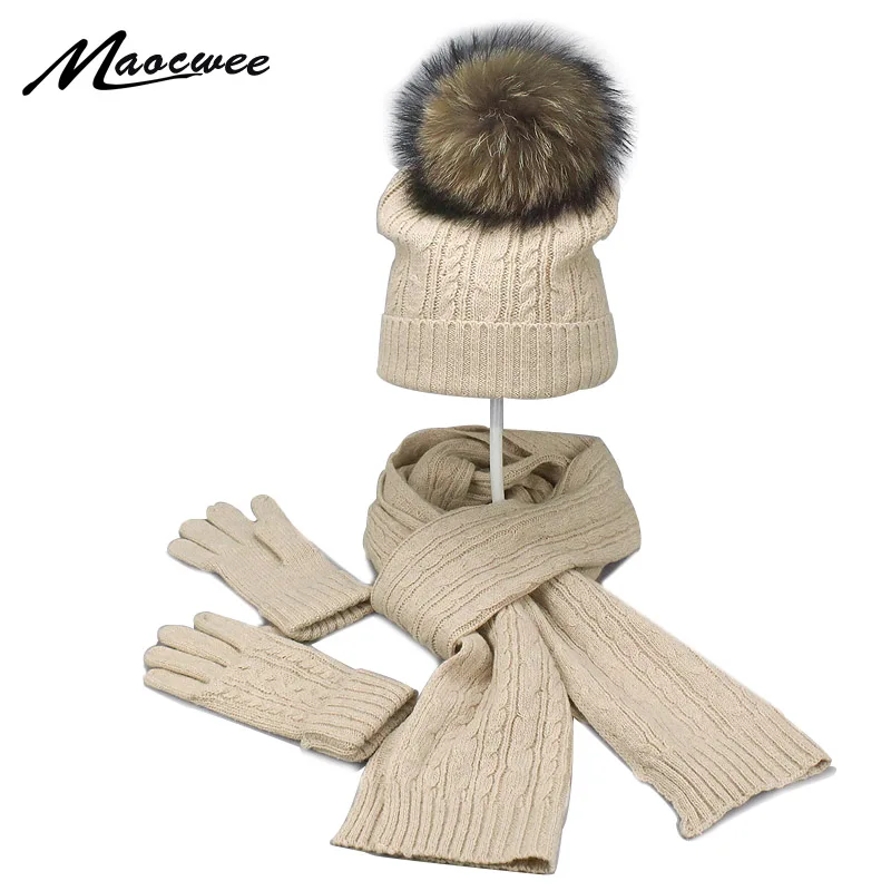 Pompom de pele verdadeira chapéus de malha de inverno para mulheres chapéu cachecol conjunto de luvas 3 peças gorro de torção touca gorro skullies