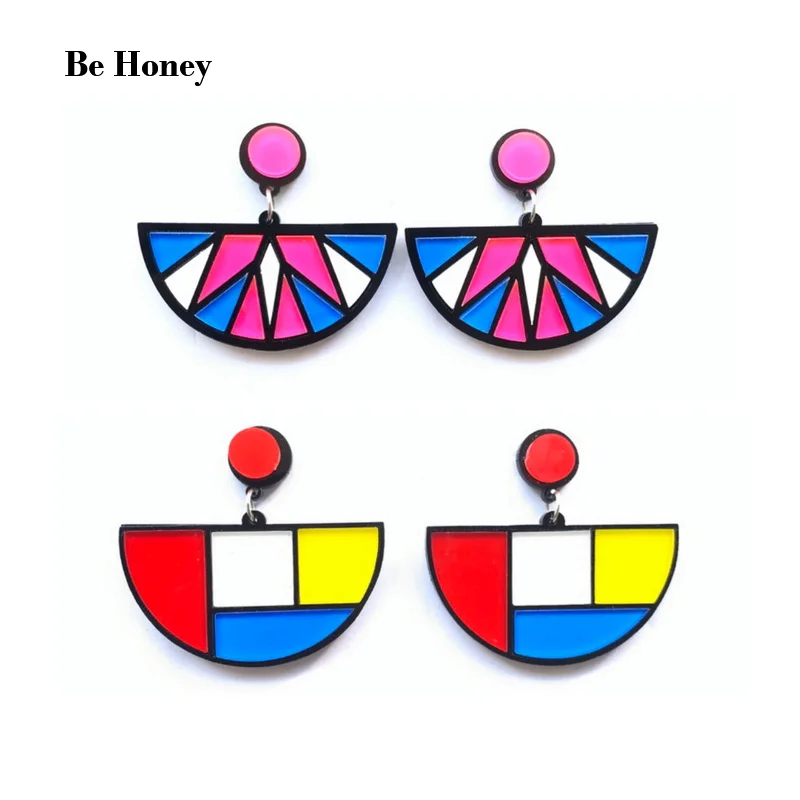 Trendy Colorful Mondrian Art Printing And Geometric Shapes Semicircle Acrylic Stud Earrings For Women