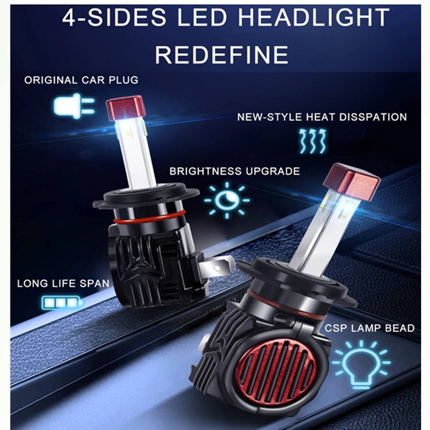 2Pcs H1 LED H4 LED H7 LED Canbus Bulbs 50W 16000LM Car Headlight Bulbs Turbo Headlamps 4-Sides LED Headlight Kit Bulb 6000K