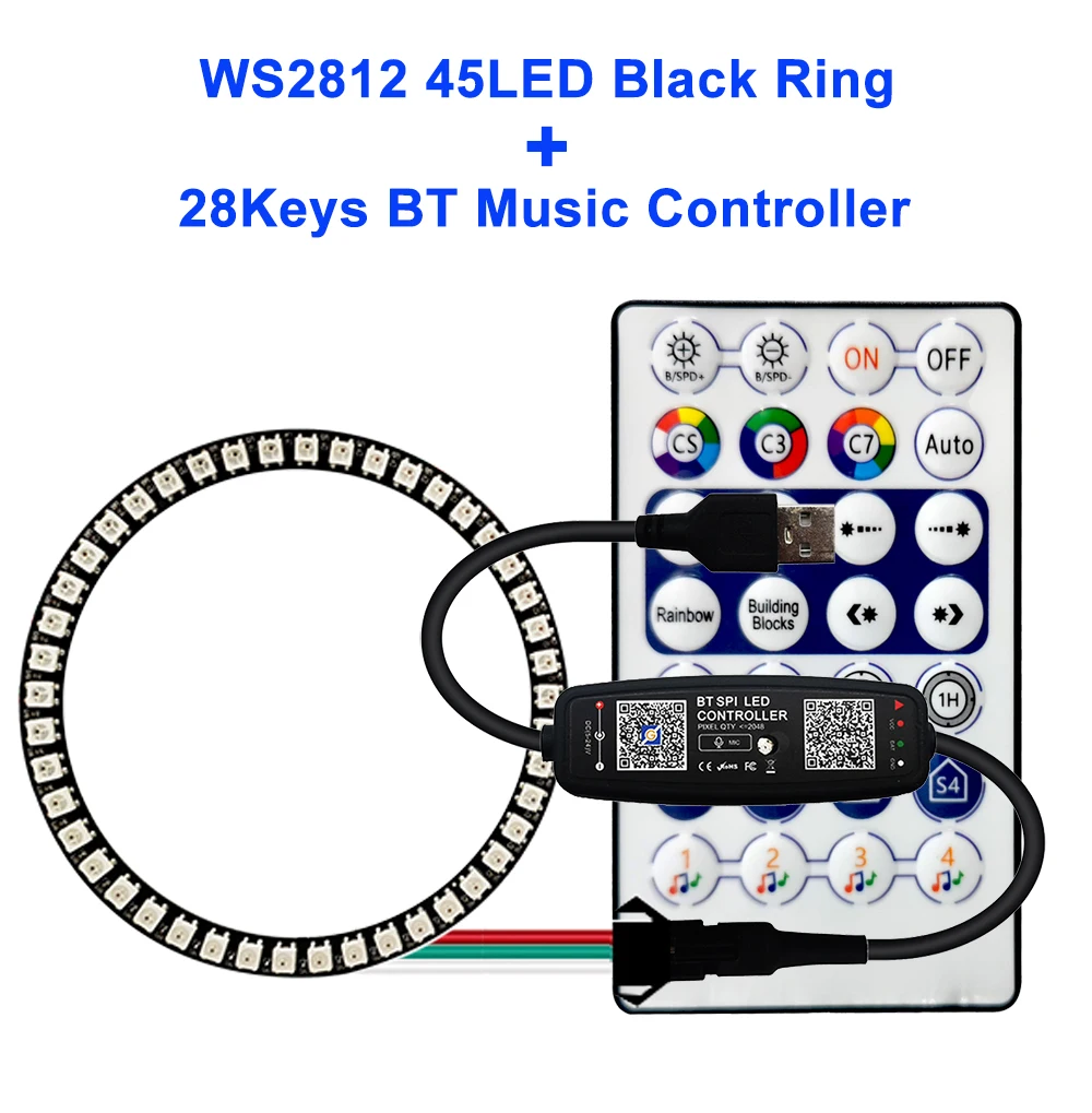 FUNZENXIN WS2812B Individuell adressierbarer LED-Ring 5050 RGB mit USB 28 Tasten Bluetooth-Musik-Controller-Kit BuiIt-in 8/16/24/35/45 Pixel 5