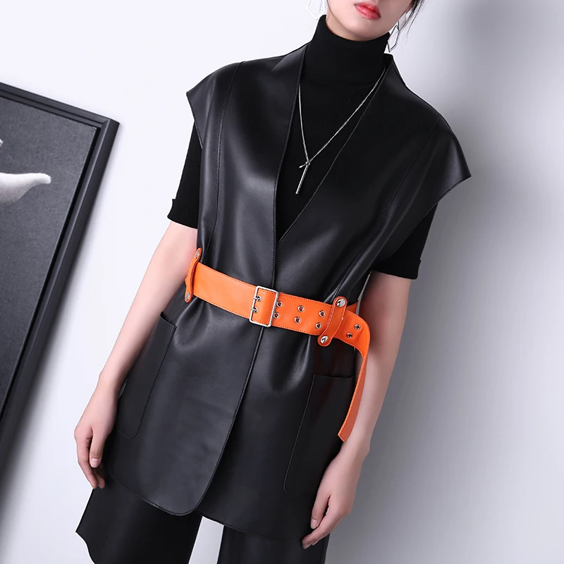 Mujer Ropa 2023 New Women Leather Silhouette Sleeveless Hit Color Vest With Belt Femme Casual Mid Length White Tops Streetwear