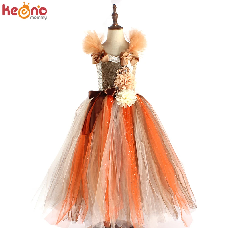 Handmade Girls Autumn Flower Fairy Tutu Dress Kids Glitter Sparkle Tulle Pageant Ball Gown Halloween Party Turkey Day Costume