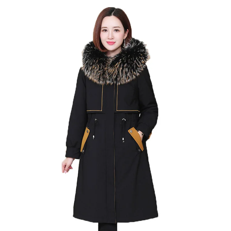 Raccoon Fur Collar Parkas Women's Long Drawstring Waisted Elegant Double-Faced Fur Overcoat Real Rabbit Fur Liner Winter Coat