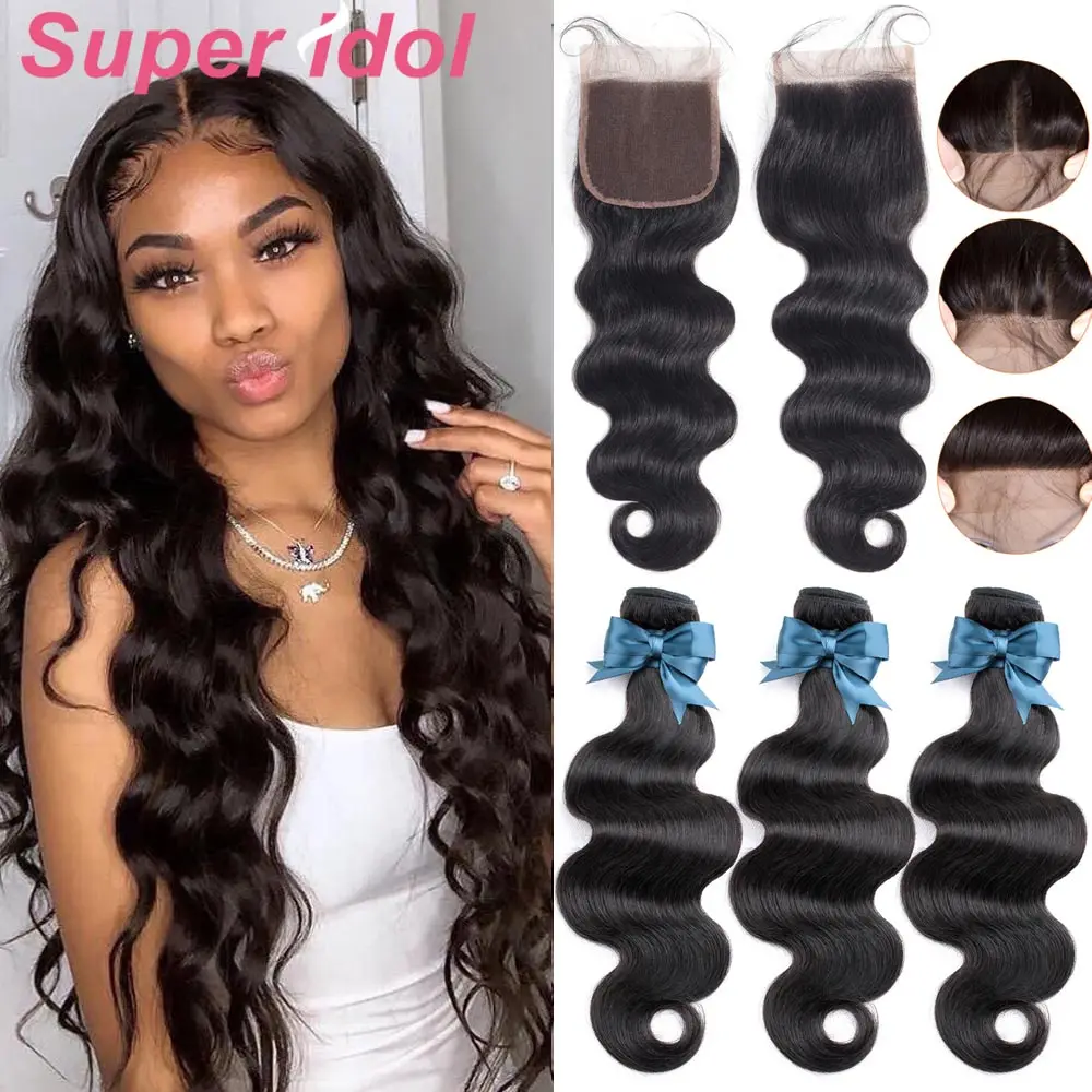 Super Body Wave Human Hair Bundles With Closure Lace Closure Remy Brazilian Hair Body Wave 3/4 Bundles With Closure Extension