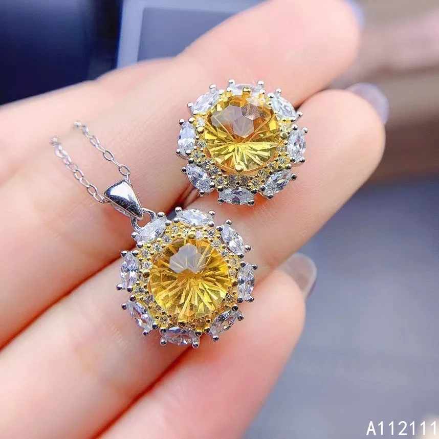 

Fine Jewelry 925 Sterling Silver Inset With Gem Women's Luxury Fashion Round Citrine Pendant Adjustable Ring Set Support Detect