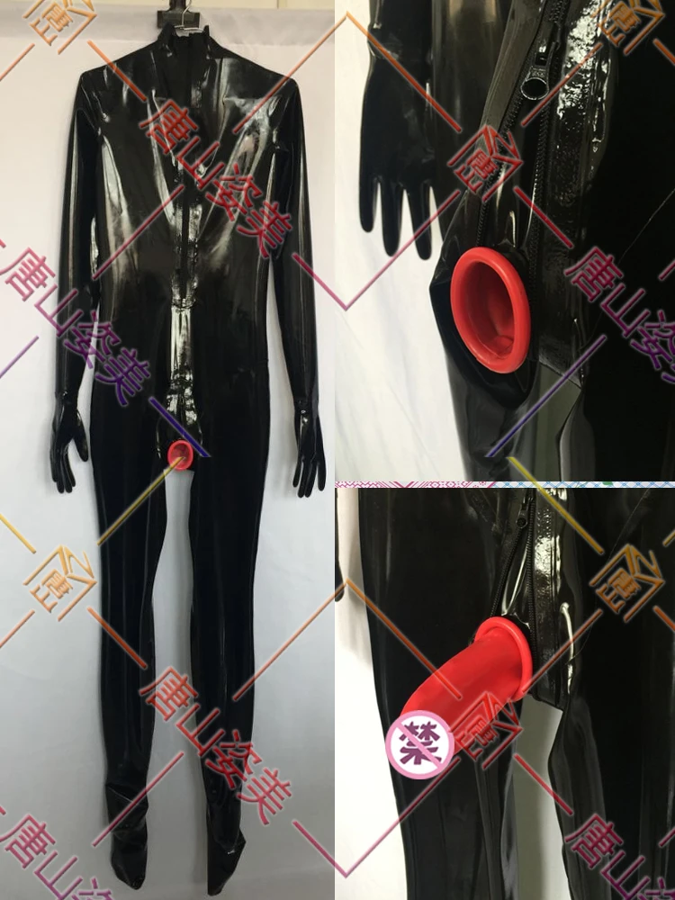 MEN LATEX CATSUIT WITH GLOVES TOES ZIP HIDDEN TWO CONDOMS BACK ZIP