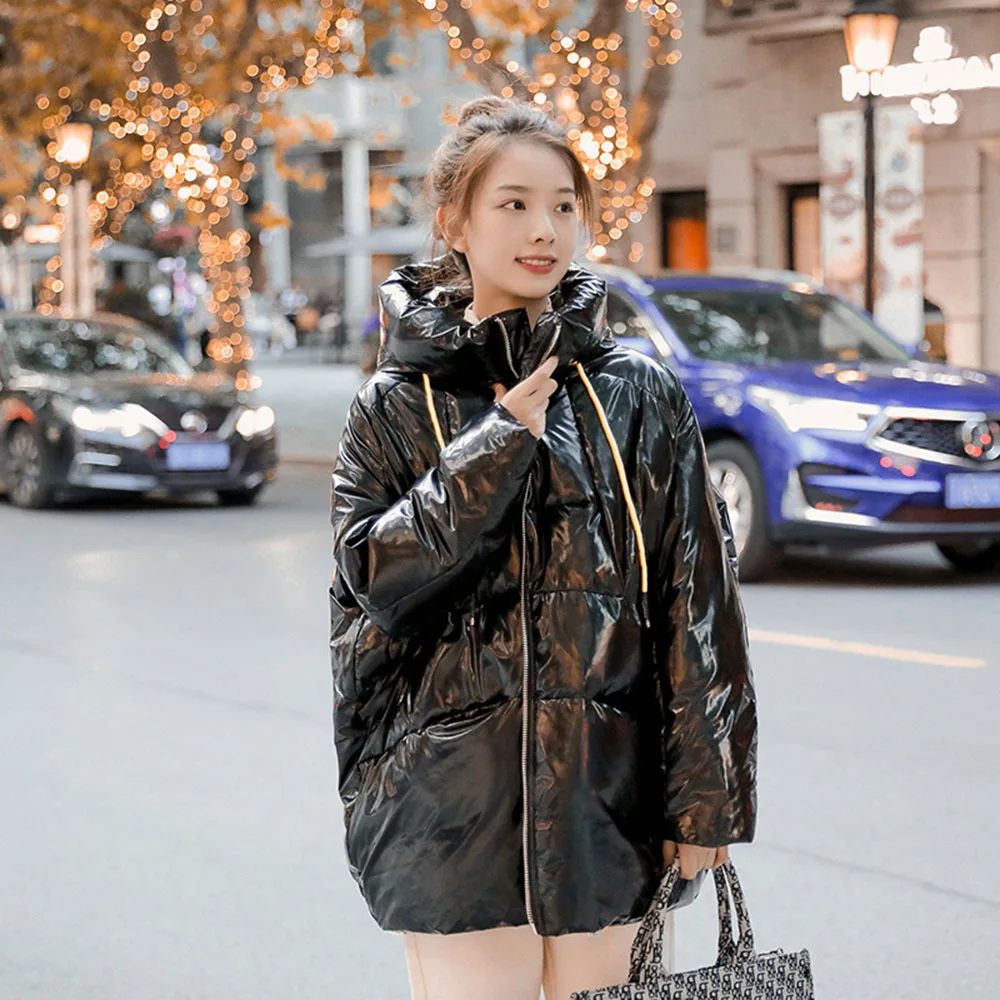 2021 New Fashion Hooded Glossy Winter Down Jacket For Women Coat Thick Bright Black Shiny Jacket Black Parkas