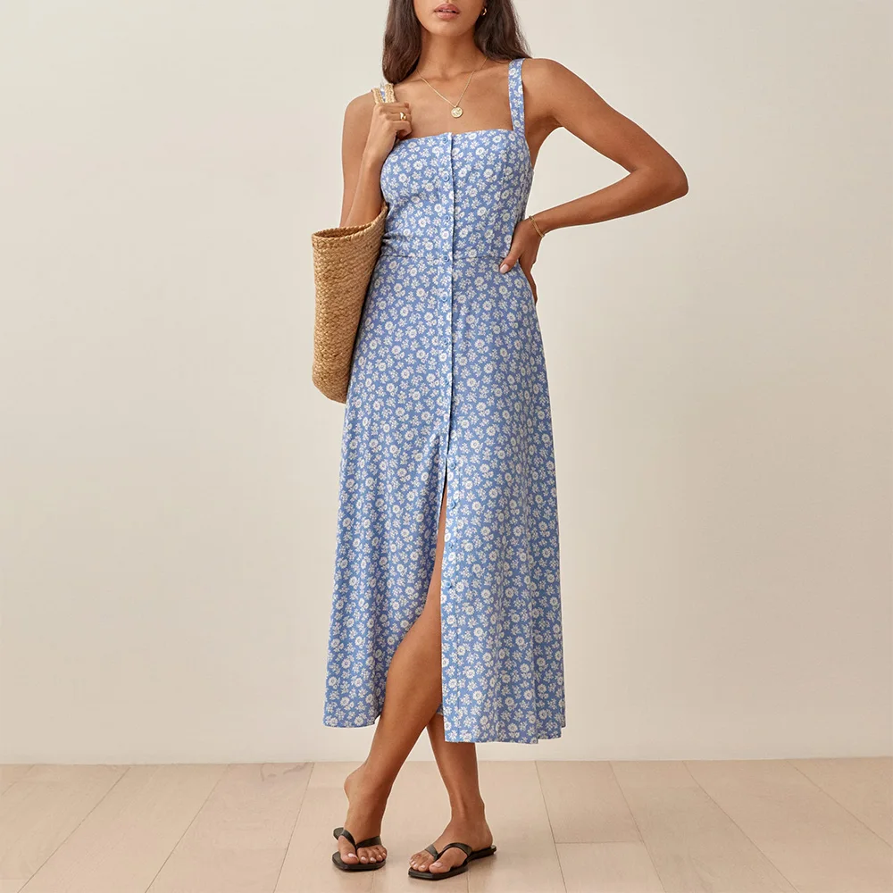 Summer Clothes For Women 2021 Dresses Square Neck Sleeveless Strap Floral Midi Dress Button Front High Slit Vacation Beach Dress