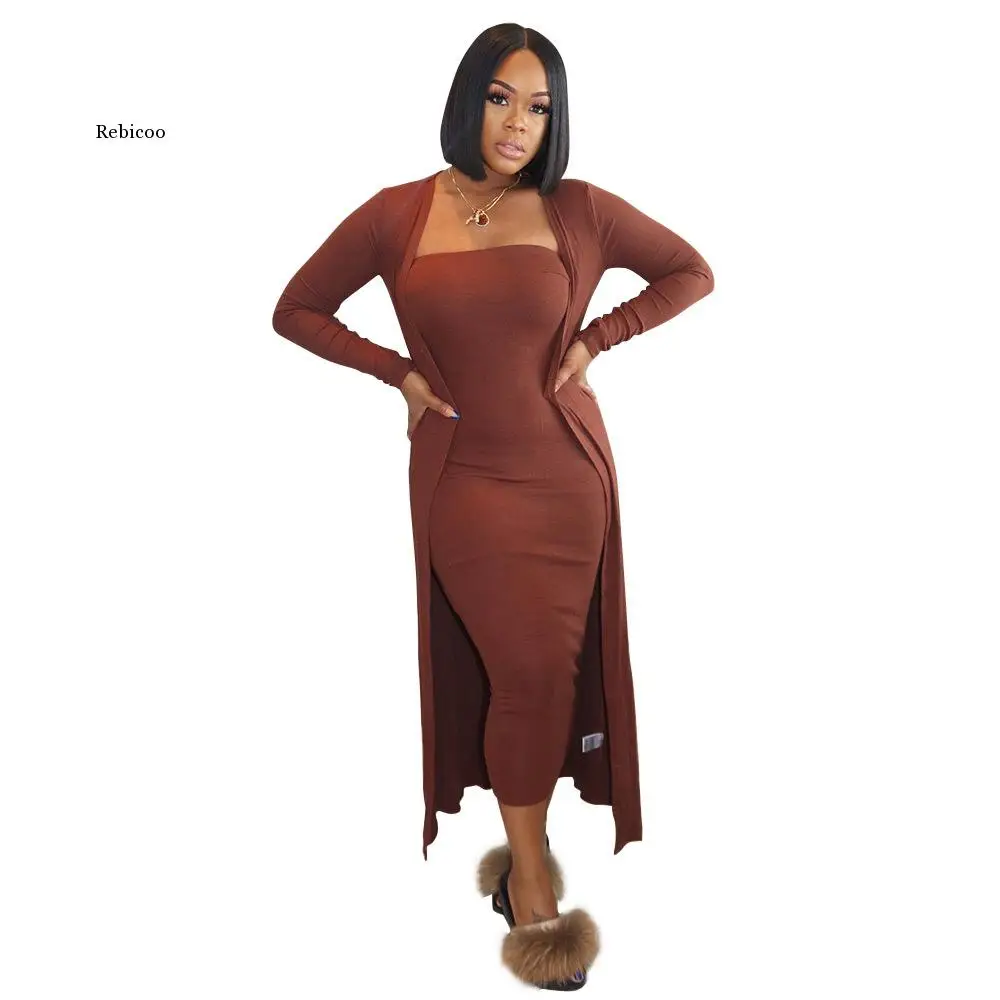 2 Piece Winter Women Clothing Sets Fall Outfit Sexy Strapless  Bodycon Midi Dress with Cardignans