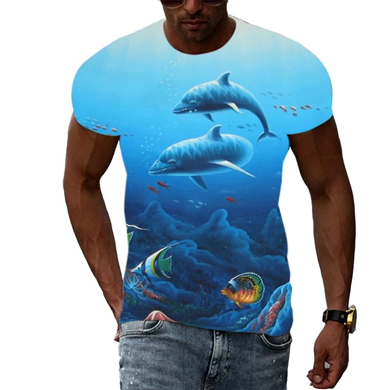 Interesting The underwater world graphic t shirts Men Summer Trend Casual Fish Pattern Print T-shirt Personality Hip Hop tshirt