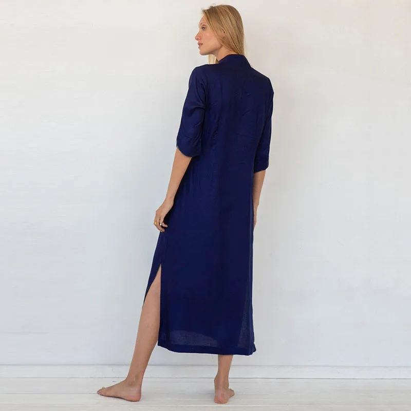 네이비 레트로 자수 긴 Kaftan 여성 비키니 커버, 빈티지 술 여름 드레스 비치웨어 수영복 커버 업