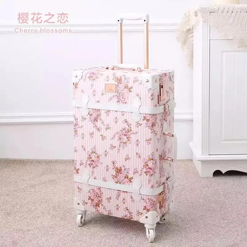 Flower 2PCS/SET Vintage luxury PU Travel Luggage with handbag Women Retro Trolley Suitcase Bag girls cosmetic makeup valise