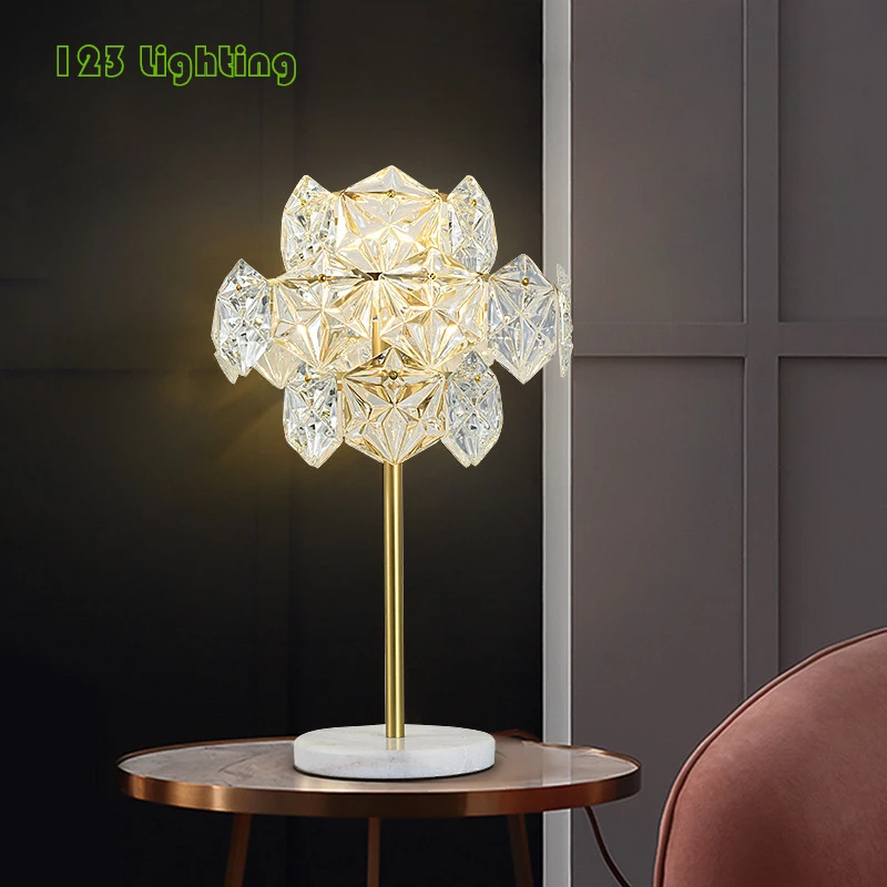 

Crystal LED Table Lamp Marble Base Home Bedside Livingroom Desk Lights E27 Gold Copper Hotel Room Decoration 110-240V