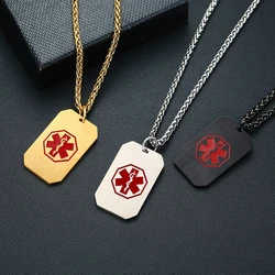 Red Medical Alert ID Dog Tag Necklaces Personalized  Free Custom Engraved Heart Pendant Emergency Male Jewelry