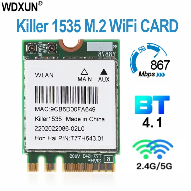 Carte Wi-fi 1535 mbps pour MSI GT72 GT80 GS60 GE62 GE72 PE60 PE70 / Dell Alienware 13 R2 1, QCNFA364A 802.11ac NGFF, 867