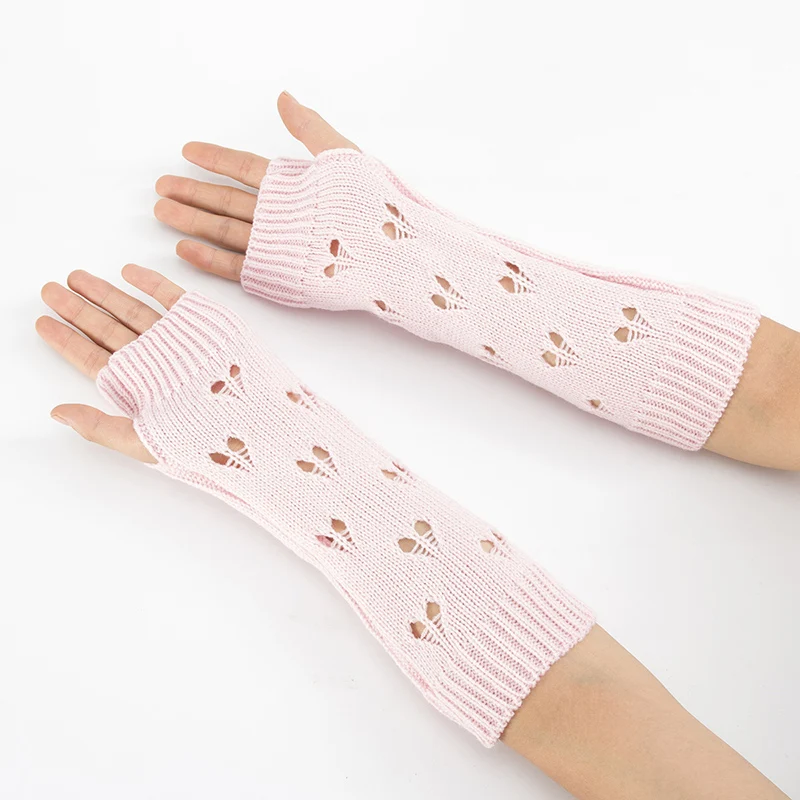 Winter Women Long Warm Sleeves Mittens Female Heart Acrylic Stretch Knit Half Finger Fingerless Arm Warmers Gloves C78