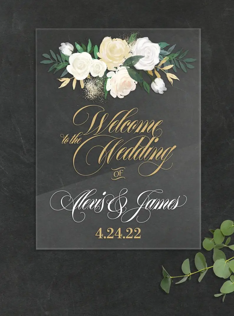 Acrylic Wedding Sign Welcome Sign Clear Personalized Names Floral Design