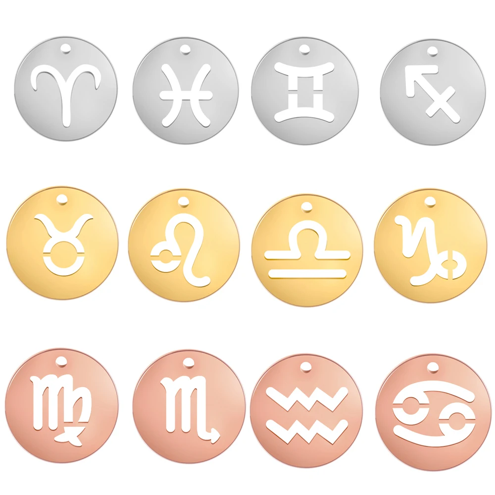 Teamer 12pcs/lot Zodiac Signs Charms Jewelry Making Stainless Steel Gold Color 12 Constellation Taurus Pendants Birthday Gifts