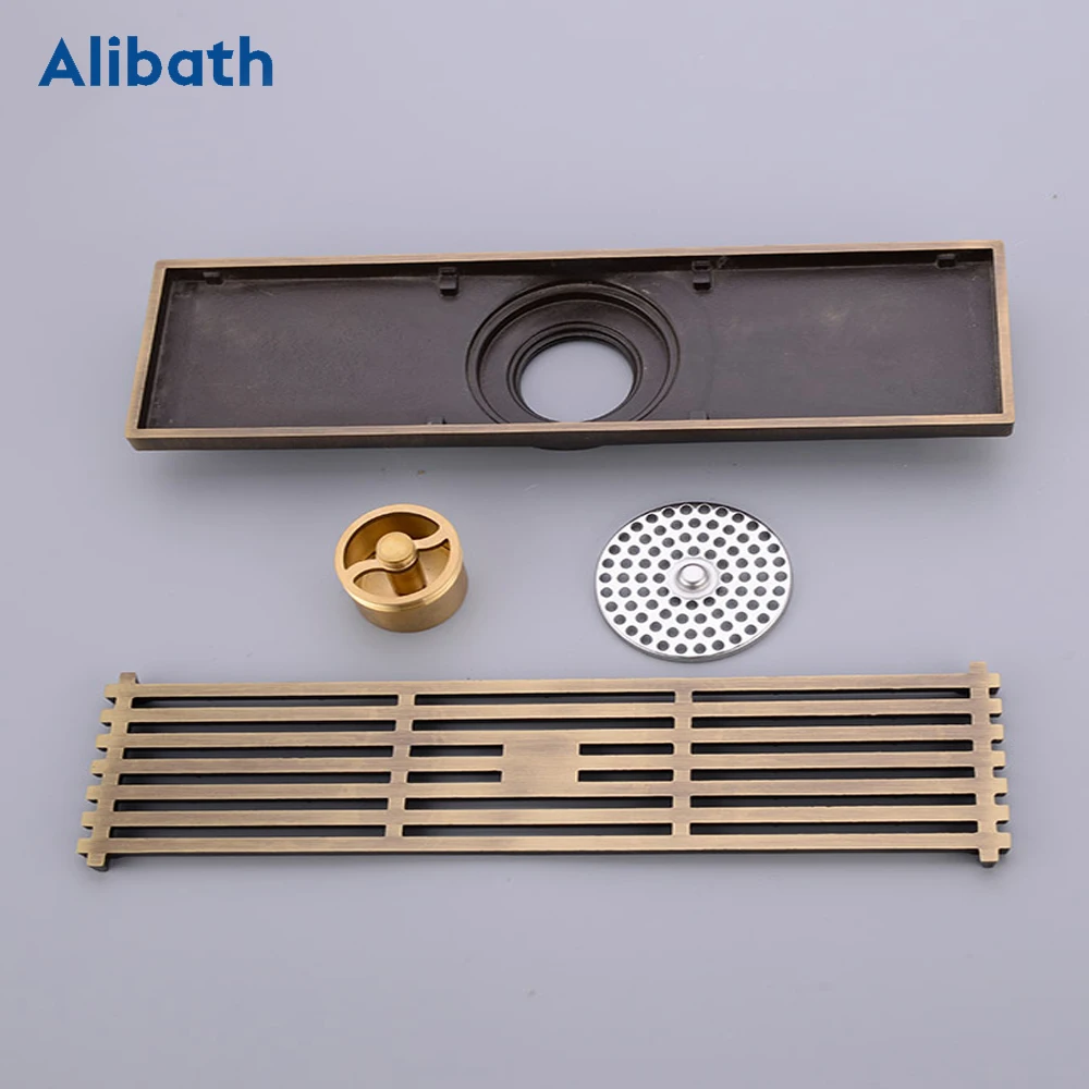 Drain 8*30CM Euro Antique Brass Art Carved Floor Drain Cover Shower Waste Drainer Bathroom Bath Accessories Strainer.