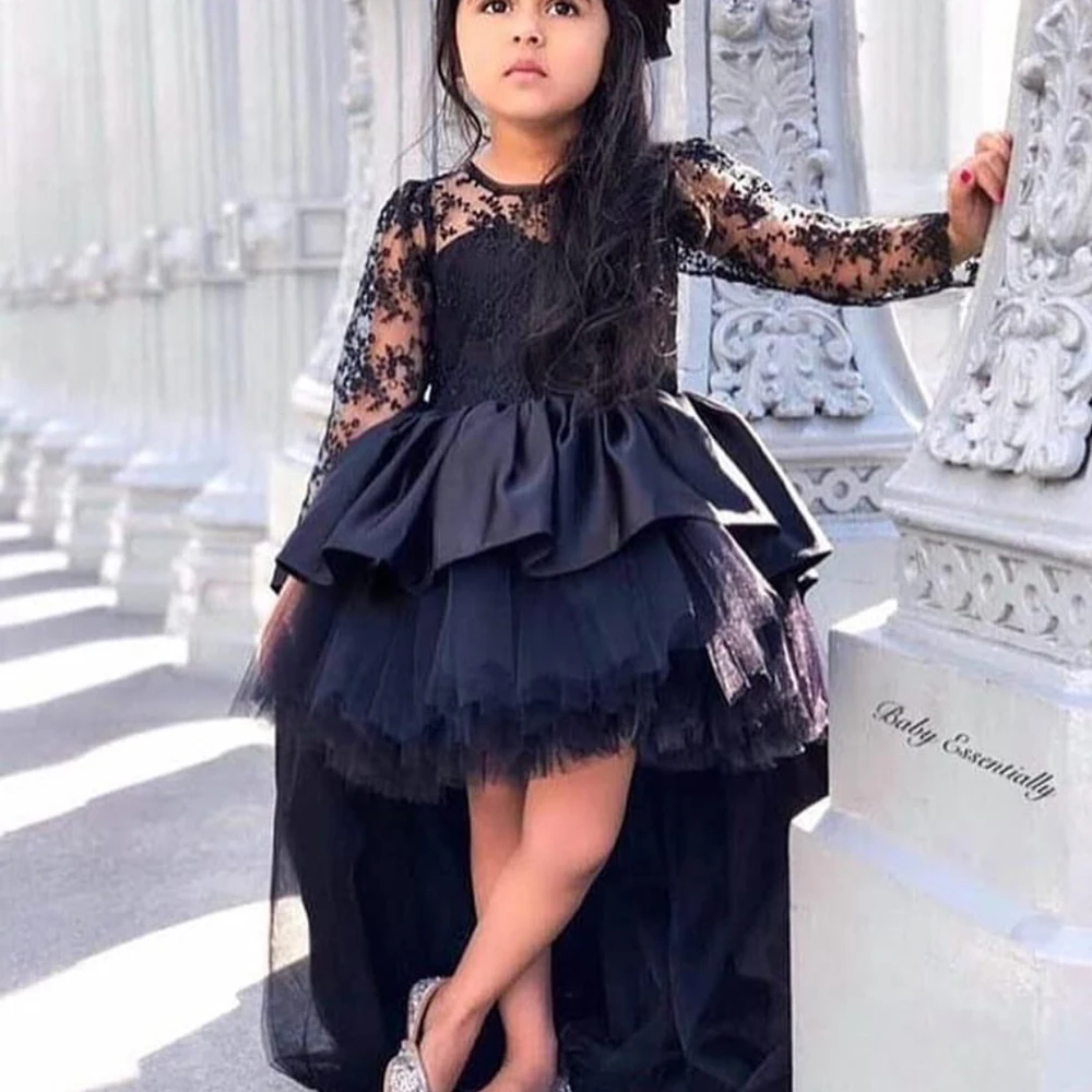 

flower girl dresses 2020 little girls pageant dress crew neckline long sleeve lace high front and low back black communion dress