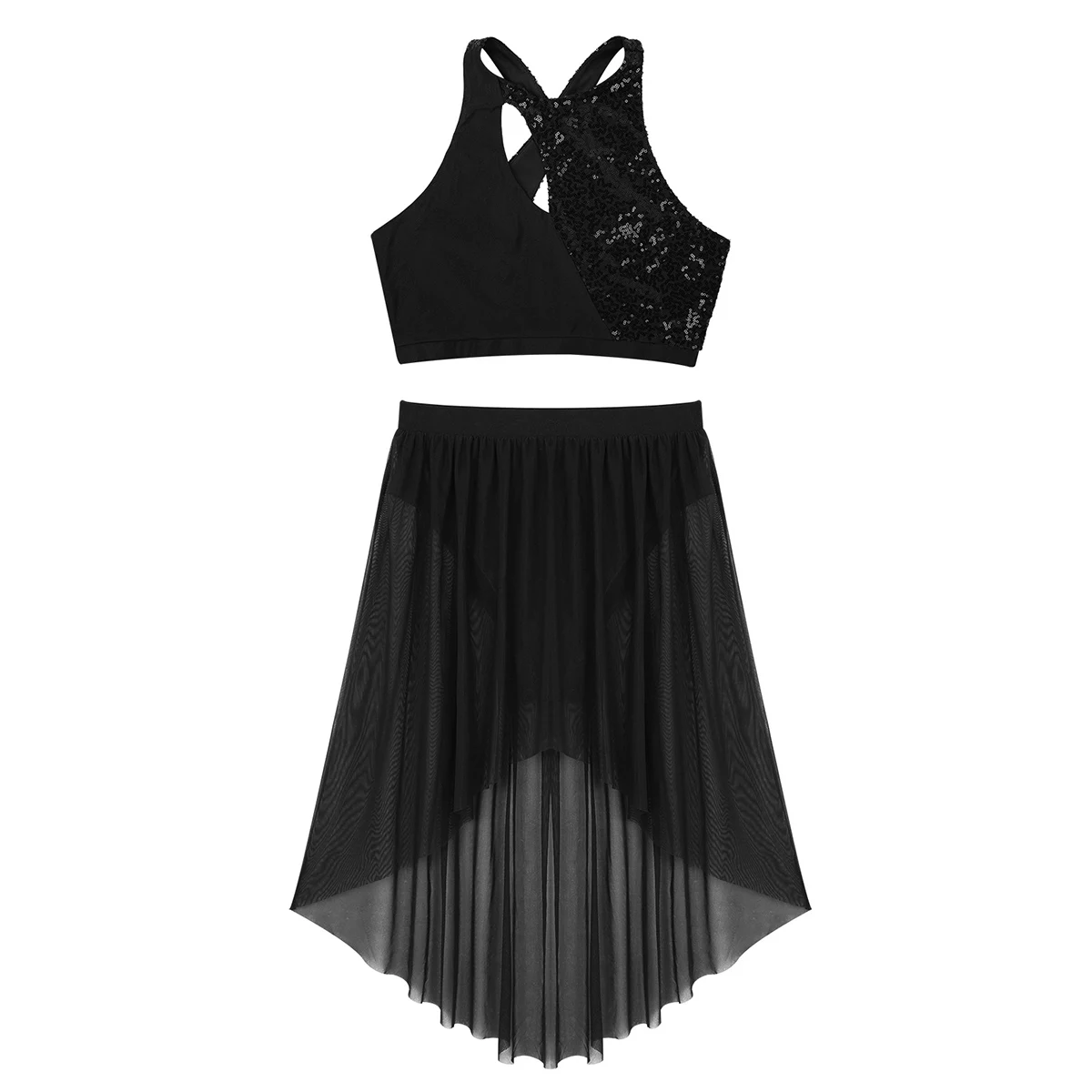 ChicTry Shiny Sequins Asymmetrical Gymnastics Ballet Crop Tops Leotard Mesh Skirt Set Women Contemporary Lyrical Dance Costumes