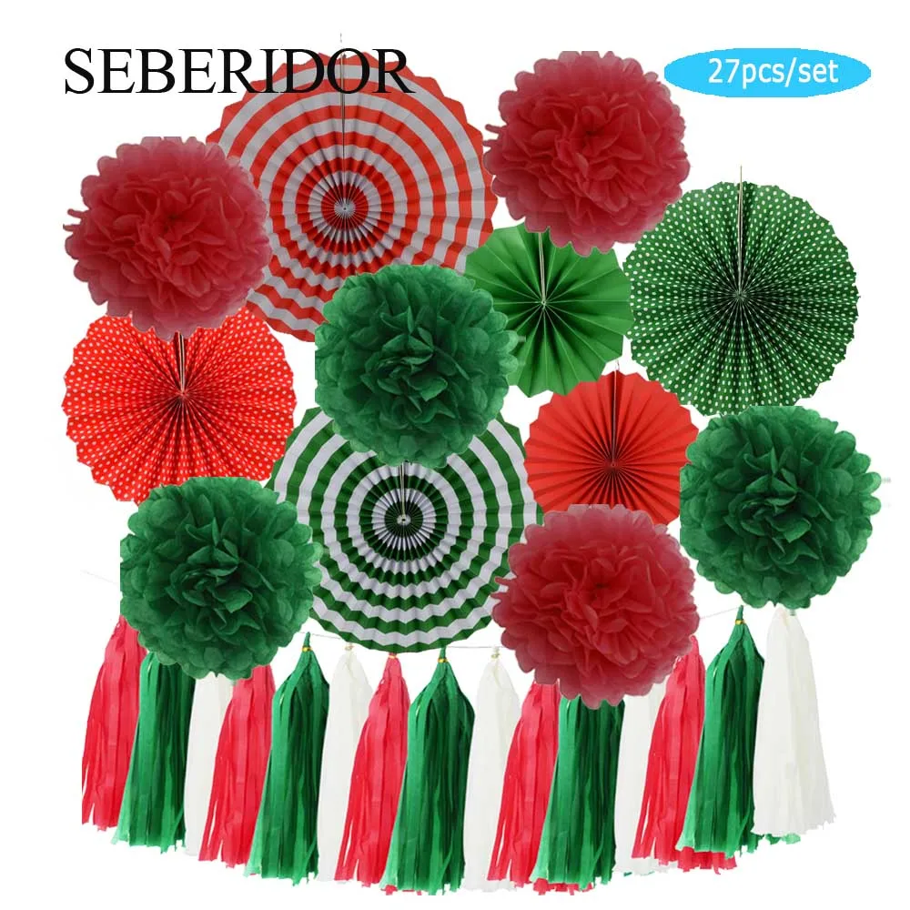 

Christmas Party Favor Red Green Set Mixed Paper Fan DIY Tissue Pompom Tassel For Kids Girl Boy 1st Birthday Decor Wedding Gift