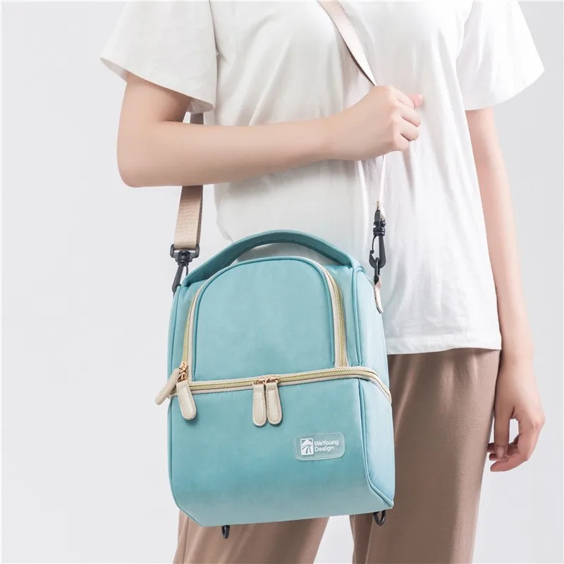 Insulation Bag Milk Storage Bag Solid Color Zipper Lunch Bag Double Layer Fresh Keeping Bag Baby Bottle Backpack Shoulder Bag