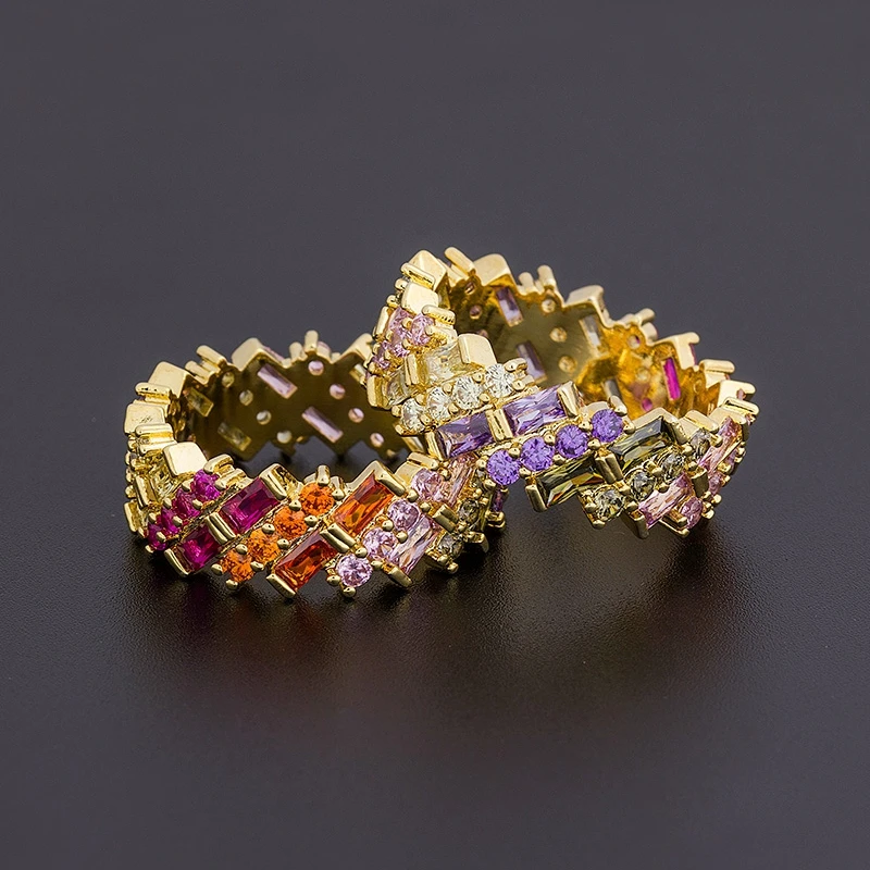 New Geometric Luxury Boho Rainbow Copper Cubic Zirconia Ring For Women Charm Gold Color Crystal Rings Fine Party Wedding Jewelry