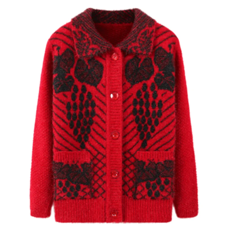 Damski sweter rozpinany z dzianiny dla kobiet w średnim wieku, kurtka, długi rękaw, jednorzędowy, gruby, z nadrukiem, topy A320