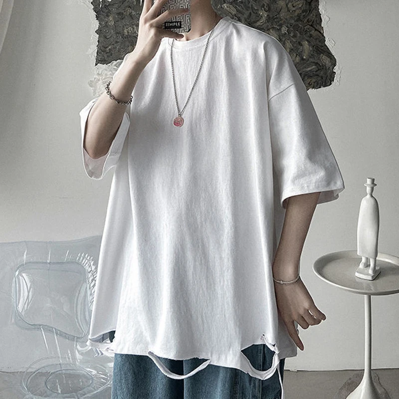 Summer Loose All-match Harajuku Women Short Sleeve T Shirts Black White Fashion 2xl Oversized Punk Hip Hop Ripped Hole Clothing