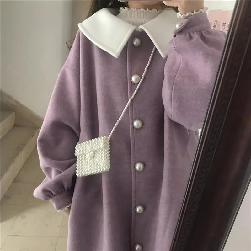 Wool Women Purple Winter Long Coat Kawaii Japanese Style Student Ruched Lantern Sleeve Sweet Harajuku All-match Streetwear Girls