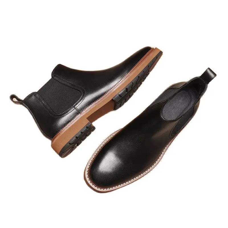 Quality Cowhide Ankle Boots Men Round Toe Slip On Genuine Leather Chelsea Boots British Male Business Office Work Boots