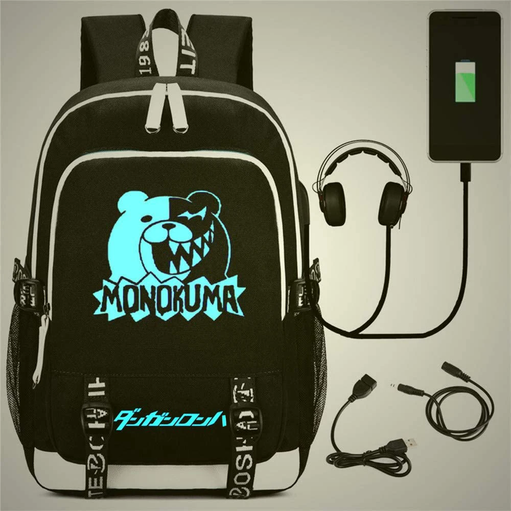 Danganronpa DIY USB Backpack Luminous Monokuma Cosplay Bookbag for Boys Girls Unisex Bag Black School Mochila