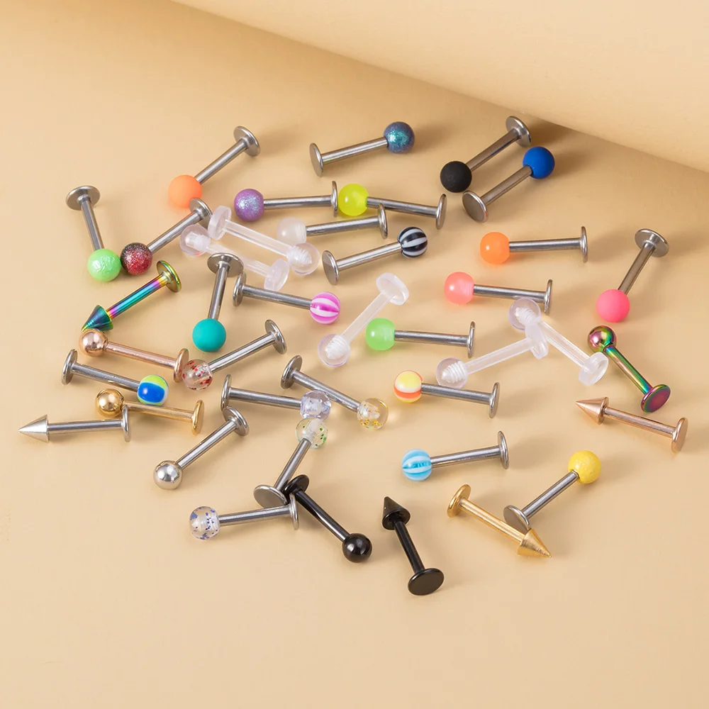 40PCS 8mm Labret Barbell Monroe Lip Ring Helix Earring Tragus Cartilage Studs Surgical Steel Piercing Jewelry for Women Men 16G