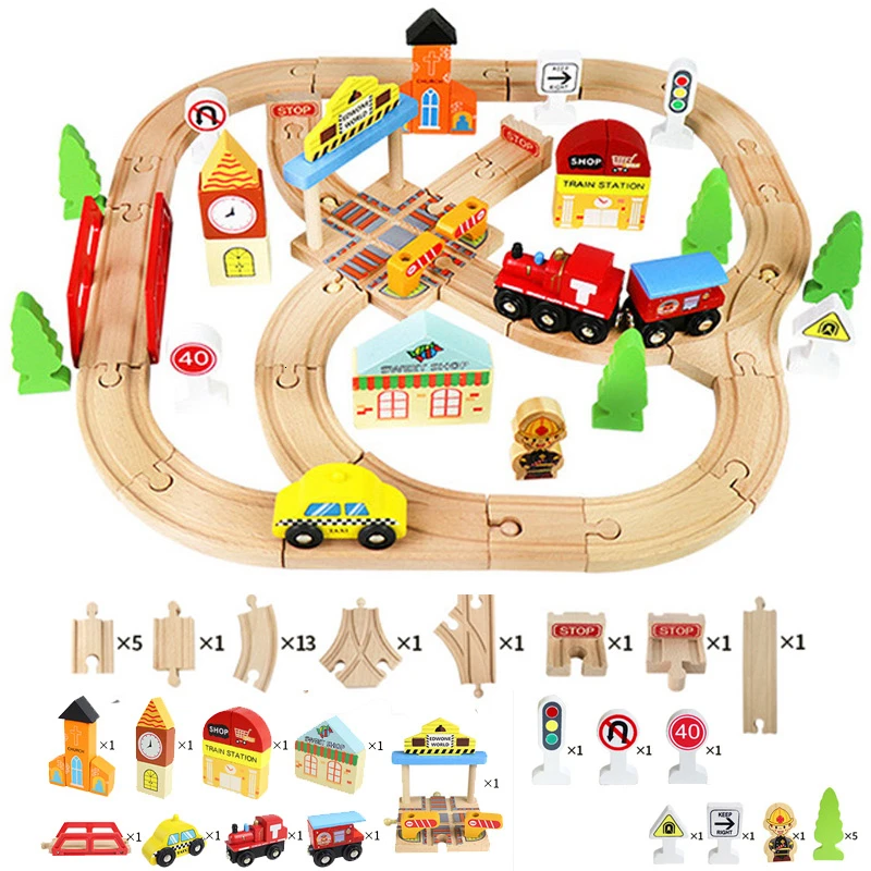 44PCS Wooden Railway Track Toys Racing Trains Tracks Wood Bridge Station Magnetic Cars Toys for Children Gift