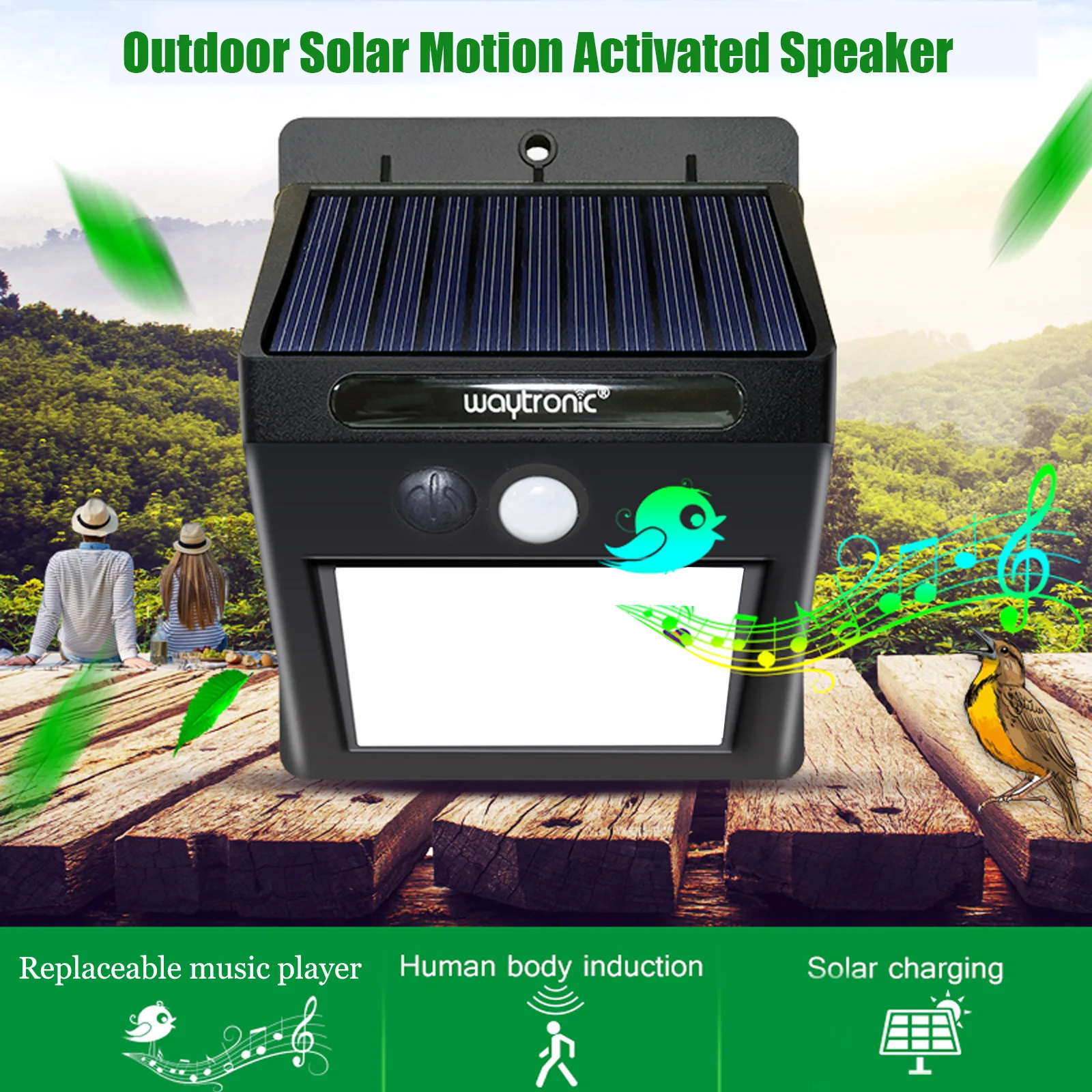 ไฟรักษาความปลอดภัยพลังงานแสงอาทิตย์ Motion Sensor Voice ลำโพงไร้สายกันน้ำกลางแจ้งสำหรับรั้ว Garden Patio โรงรถ Backyard