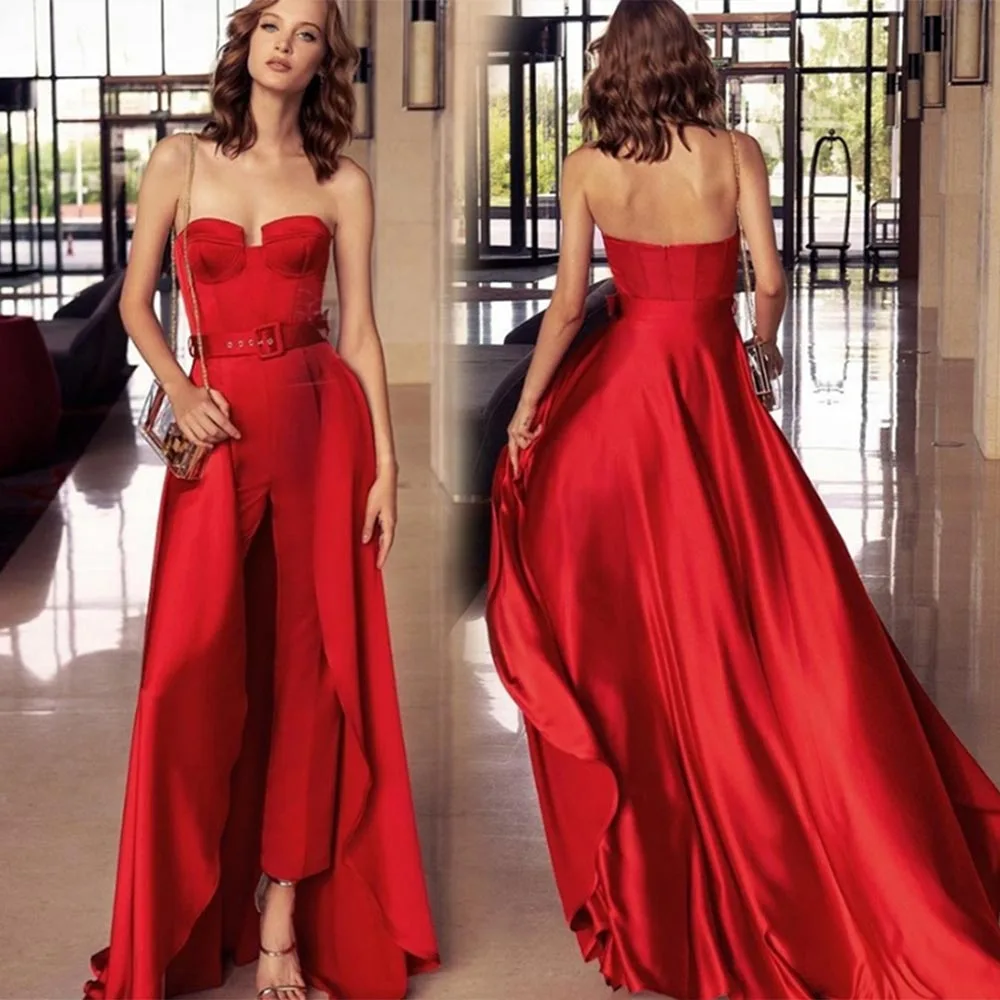 Elegant Backless Sweetheart Formal Party For Women Prom Gowns Red Jumpsuit Evening Dress With Detachable Overskirt