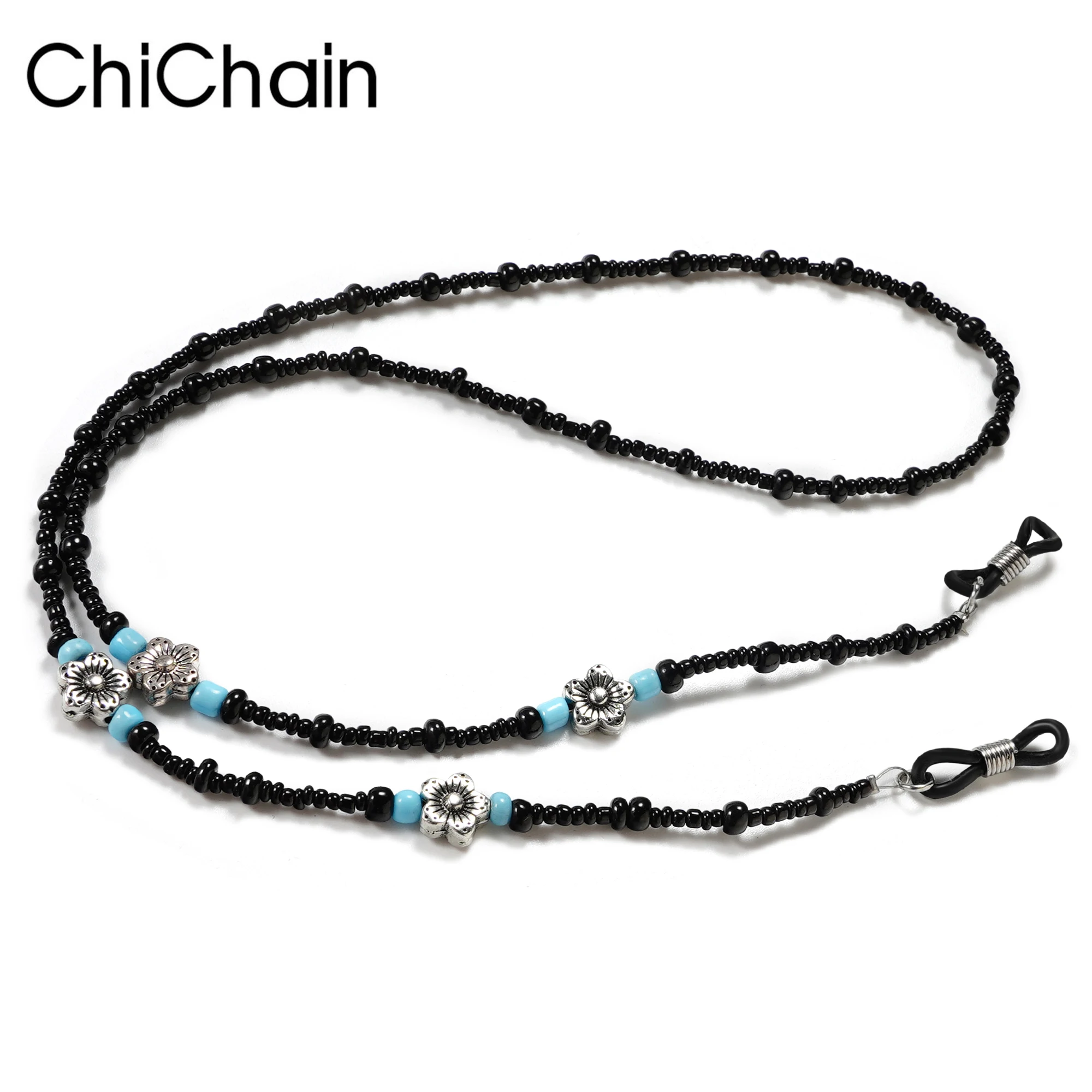 Silver Flower Ethnic Beaded Sunglasses Chain Bohemian Beach Sakura with anti-skid loops adapt to all eyewear reading glasses