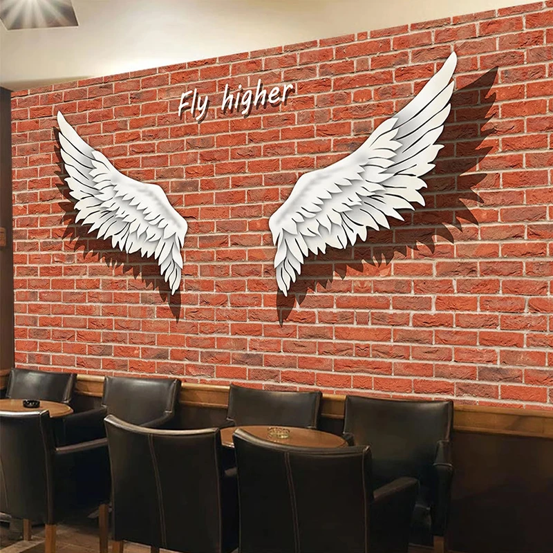 

Custom Self-Adhesive Mural Wallpaper Retro Nostalgic Brick Wall Hand Painted Wings Bar Coffee Shop Background Papel De Parede