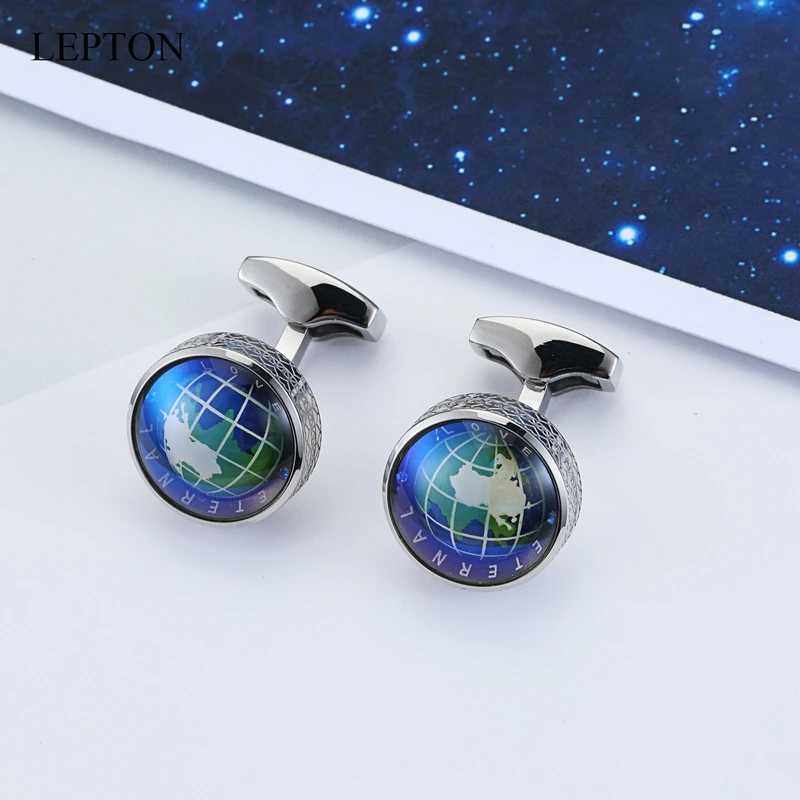 Hot Globe Earth Cufflinks Silver Color Lepton Stainless Steel Rotatable Globe Planet Earth World Map Cuff Links Wedding For Mens