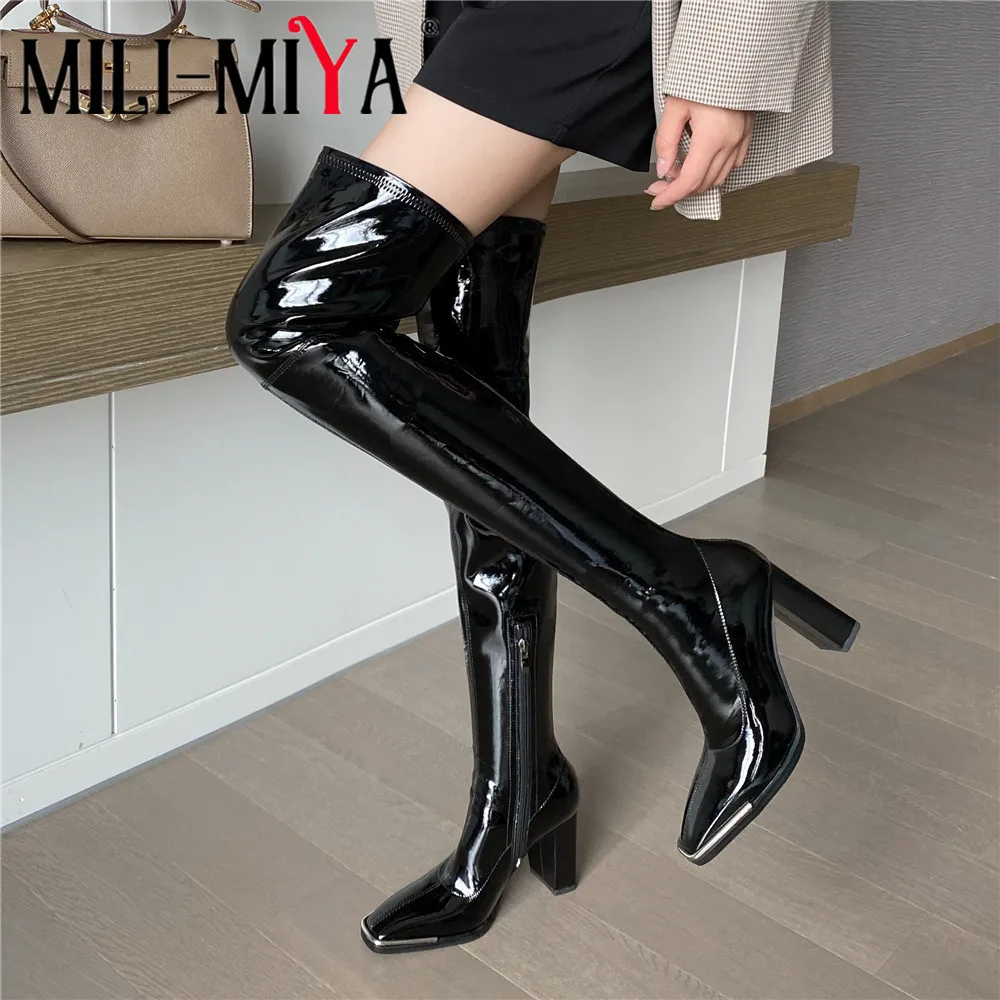 

MILI-MIYA Hot Sale Chunky High Heel Brand Designer Over The Knee Boots Top Quality Leather Metal Square Toe Sexy Wedding Shoes